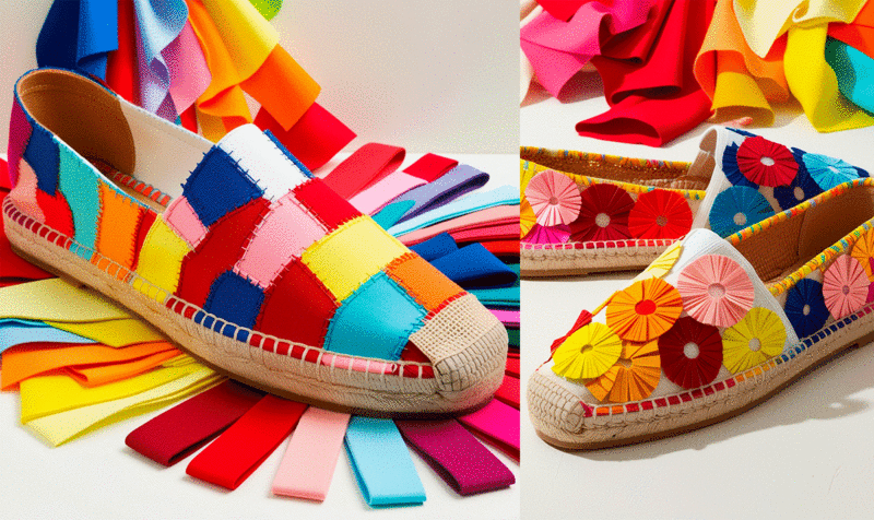 Two models of multi-colored handmade espadrilles with a background of colored fabrics