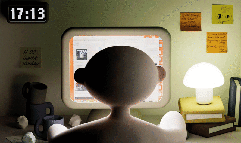 3D still showing a bald character from behind looking at a computer screen in a bedroom