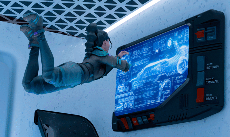 Female astronaut suspended in a zero-gravity environment inside a ship observing a control screen