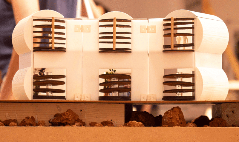 Model of a space station on Mars designed with superimposed cylindrical modules