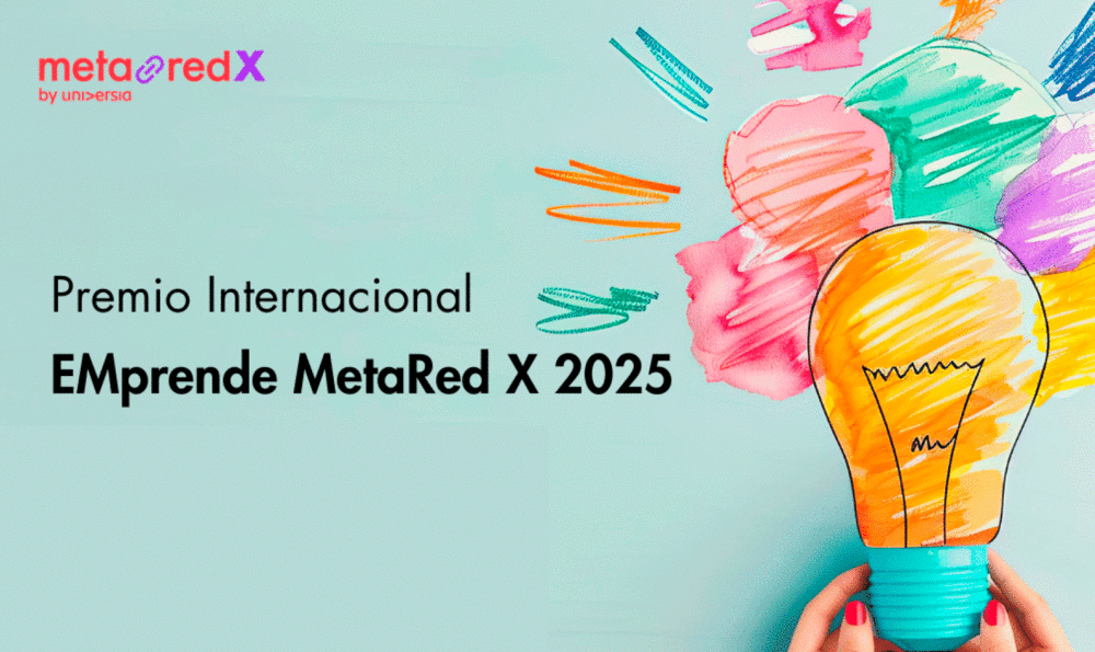 On the right side, a woman's hands holding a light bulb drawn on a light green background and, on the left, the text EMprende MetaRed X 2025 International Award