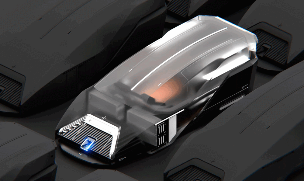 A futuristic car in black and white colours