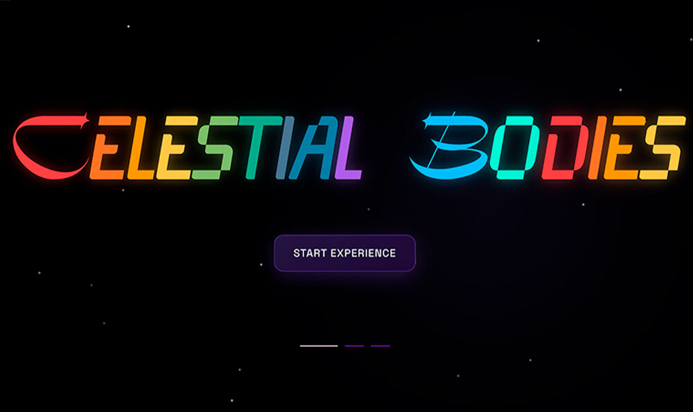 Poster with colored lettering with the name CELESTIAL BODIES on a black background