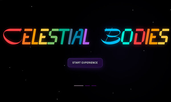Poster with colored lettering with the name CELESTIAL BODIES on a black background