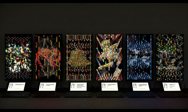 Six interactive screens displaying different digital mazes